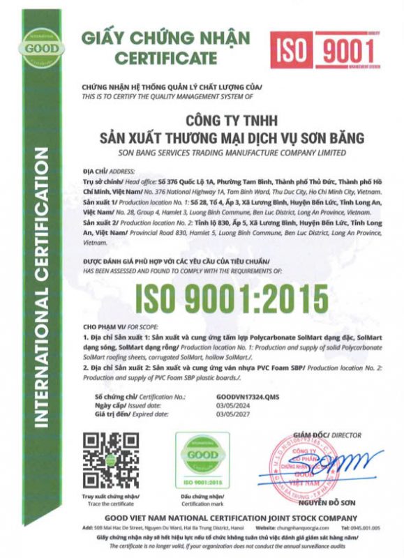 chung nhan ISO 9001 2018 polycarbonate solmart cua Son Bang Chứng nhận ISO9001:2015 polycarbonate Solmart của Công ty Sơn Băng