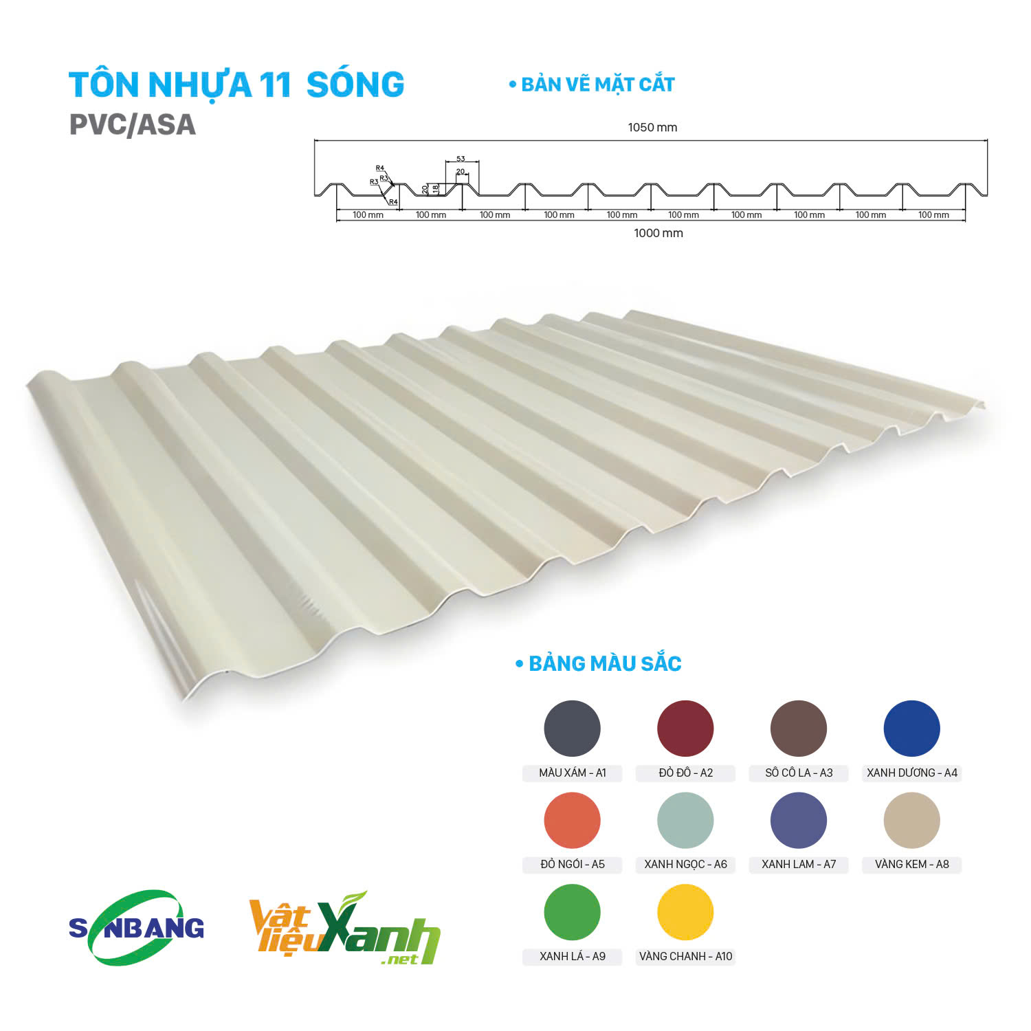 ton nhua PVC 11 song tôn nhựa PVC 11 sóng phủ ASA sản xuất và phân phối tại Sơn Băng