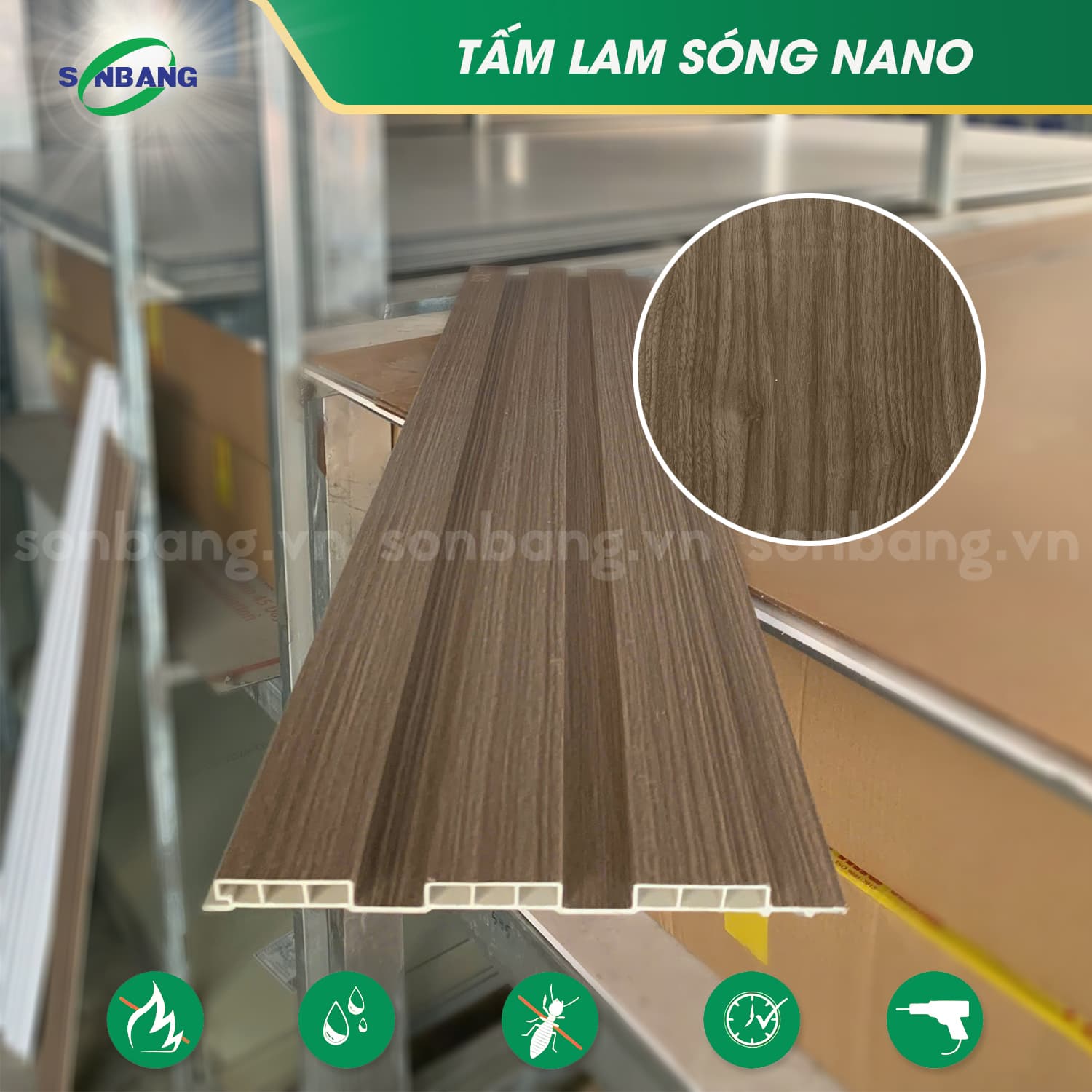 lam song go nhua nano 1 Lam sóng nhựa nano vân gỗ ốp tường, ốp trần 3 sóng SOL-13