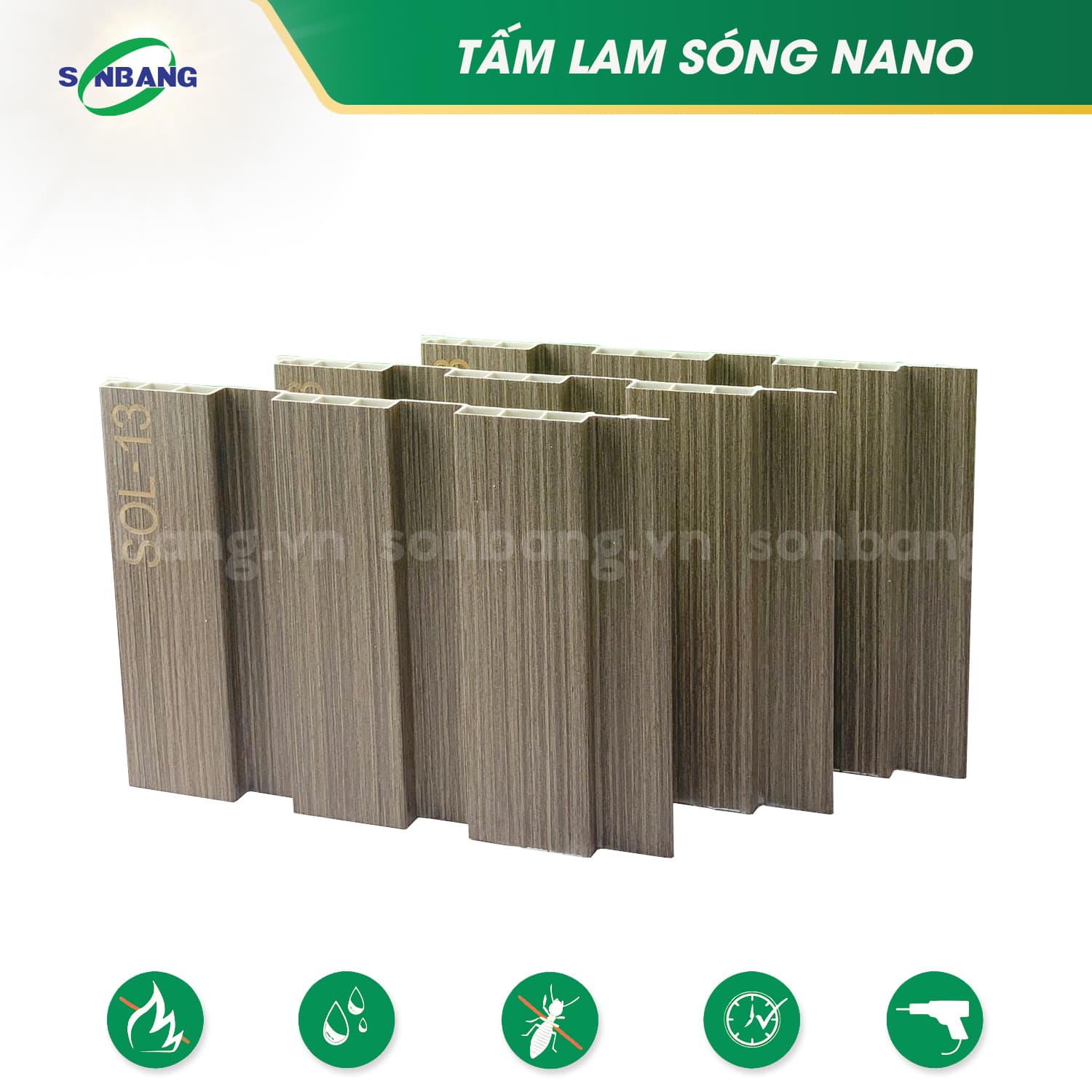 lam song go nhua nano 4 Lam sóng nhựa nano vân gỗ ốp tường, ốp trần 3 sóng SOL-13