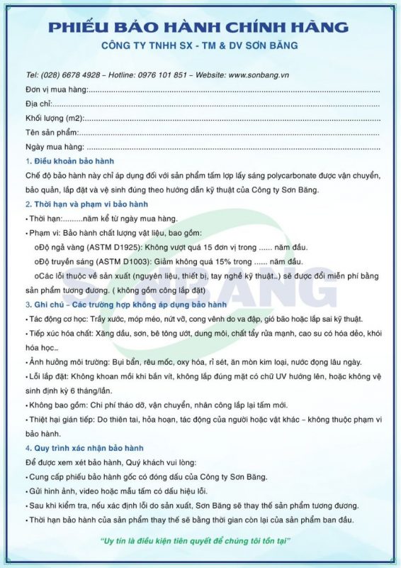 phieu bao hanh san pham chinh hang son bang